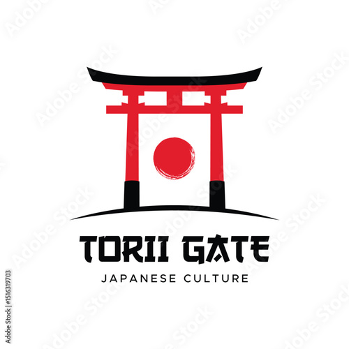 Japanese Torii Gate Red Sun modern style vector illustration logo design for fashion graphics, t-shirts, prints, posters, gifts, stickers