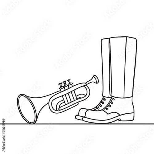 A trumpet lying beside a pair of marching boots