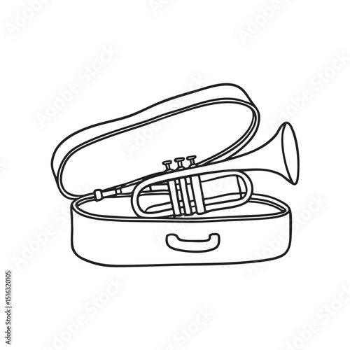 A trumpet carefully set inside an open case