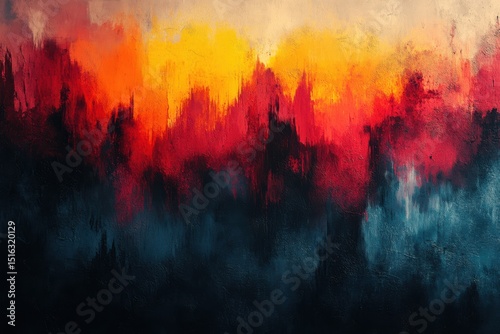 Vibrant abstract artwork depicting a fiery sunset over a tranquil landscape