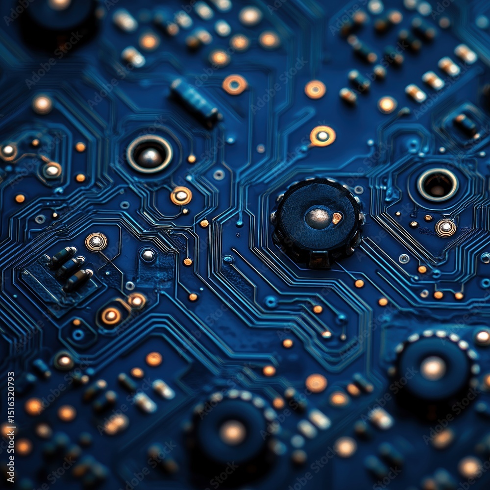 Fototapeta premium A detailed, high-resolution close-up of a blue circuit board, showcasing complex electronic pathways and various components with subtle orange highlights.