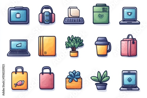 Colorful collection of office and workspace icons featuring technology and plants
