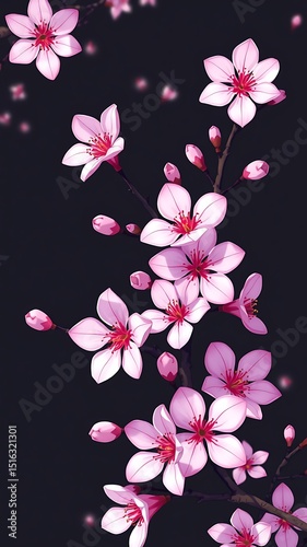 Pink cherry blossoms branch on black background . wallpaper for phone . flower wallpaper