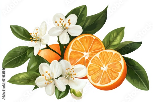 Fresh oranges with blossoms and vibrant green leaves on a white background