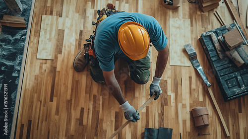 Worker Installing Wooden Flooring with Tools and Safety Gear