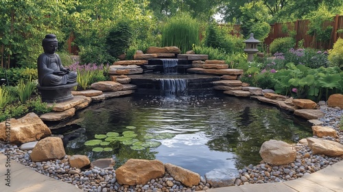 Fototapeta Naklejka Na Ścianę i Meble -  Tranquil zen waterfall chinese garden pond design inspiration featuring Buddha statue and natural stone landscaping