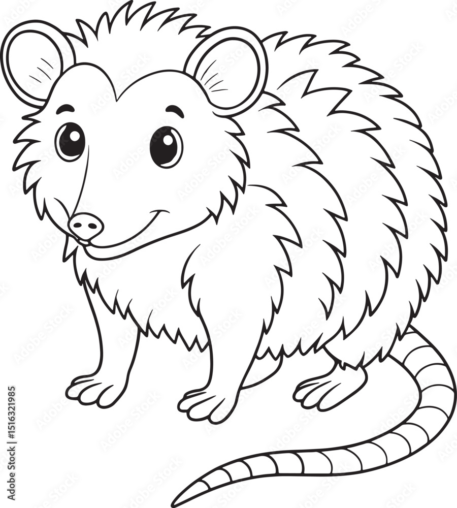 Fototapeta premium A friendly opossum cartoon vector graphic for kids coloring book pages featuring wildlife