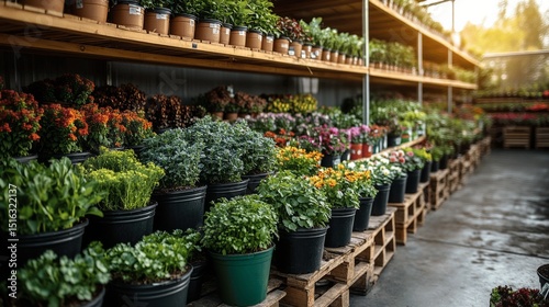Vibrant nursery greenhouse showcasing colorful flowers and plants in various pots from home depot garden pots under warm sunlight