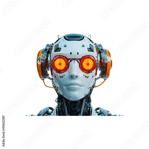 Futuristic colorful robot head front view isolated on a transparent background