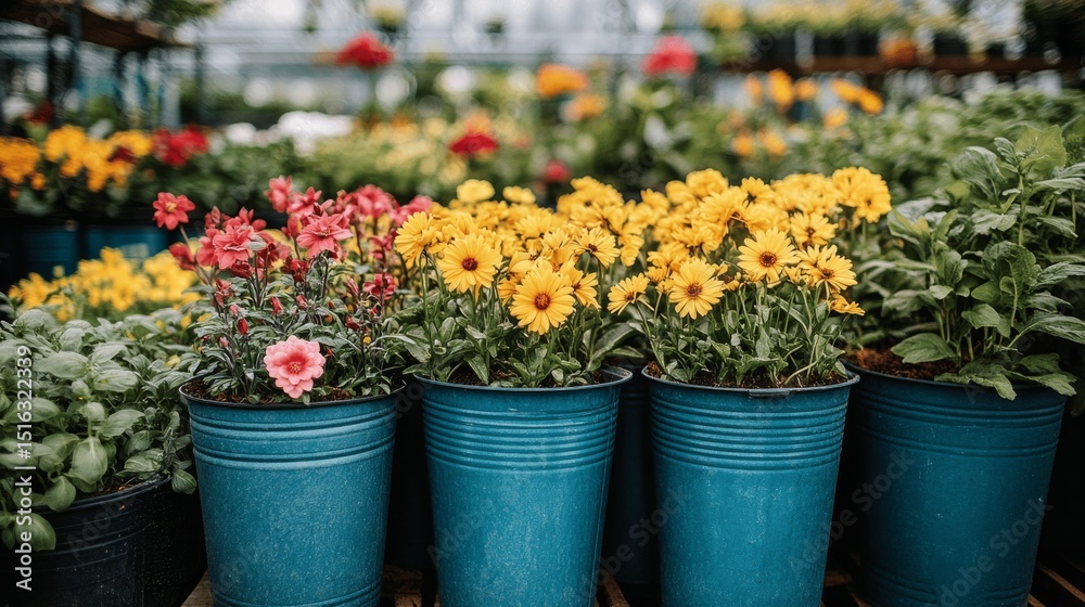 Fototapeta premium Vibrant flowers bloom in blue pots showcasing colorful garden supplies from a sunny greenhouse nursery