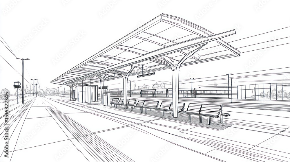 Fototapeta premium Architectural drawing of a train station platform