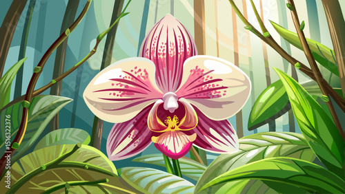 An elegant orchid flower unfolds with pink and white patterns, its central column detailed in close-up. Suspended among long stems, it offers tropical beauty in filtered forest light.