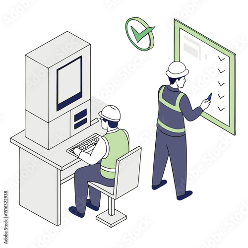 Construction workers performing tasks with a computer and checklist in isometric illustration for project management