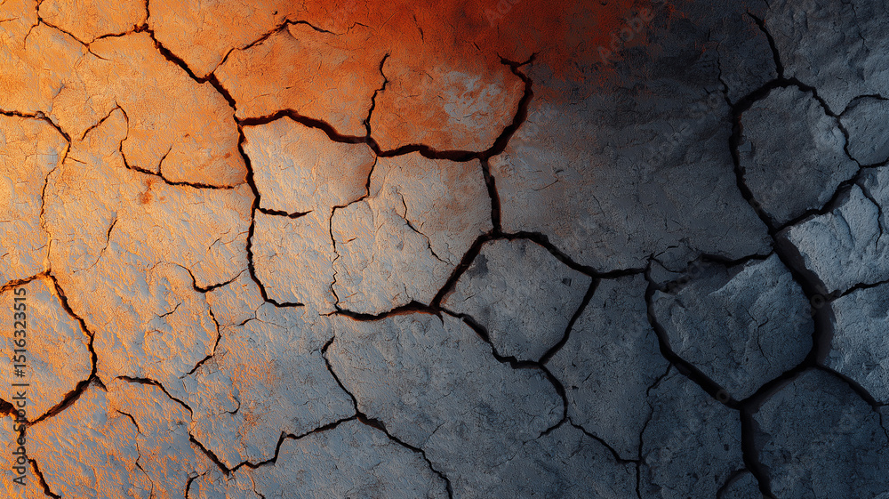 Fototapeta premium Cracked earth patterns from above with warm tones and fractal shapes, abstract nature theme, sunset lighting