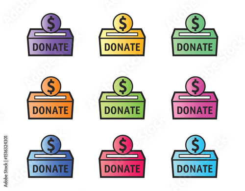Set of multi color Donate box icon, sharing money box, donate symbols