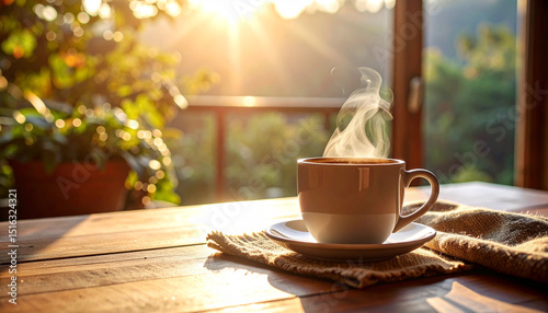 Hot cup of coffee with cookies on a brown table, perfect for a morning breakfast or cafe beverage