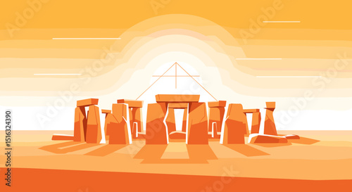 Illustration of Stonehenge against a warm sunset background