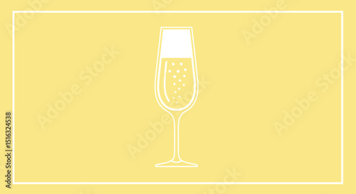 Champagne glass with bubbles on yellow background