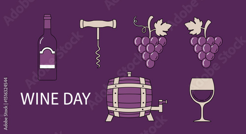 Wine Day celebration with bottle, corkscrew, grapes, and glass
