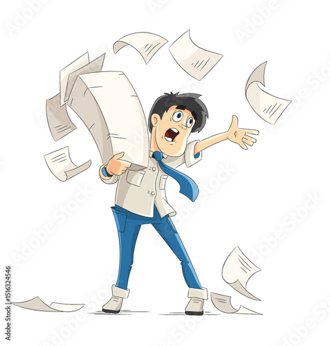 Stressed office worker man carrying a large stack of paper documents, some papers are flying around him because of wind. Stress on work concept. Isolated on white. PNG illustration.