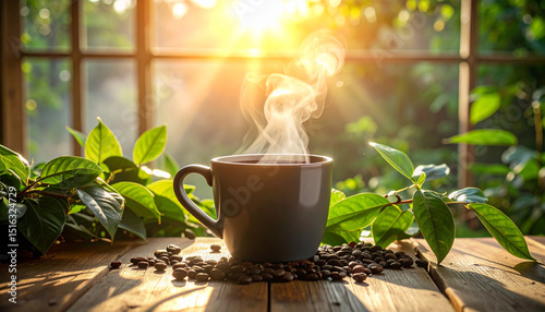 Hot cup of coffee with cookies on a brown table, perfect for a morning breakfast or cafe beverage