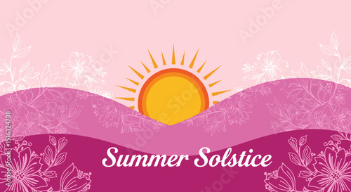 Summer solstice illustration with sun and floral elements