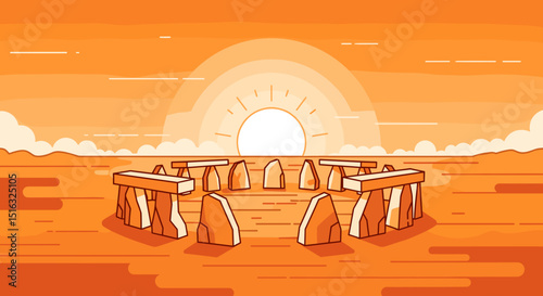 Stonehenge silhouette at sunrise in vibrant orange background