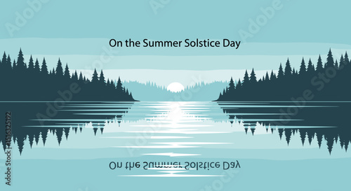 Stylized landscape of lake and pine trees on summer solstice