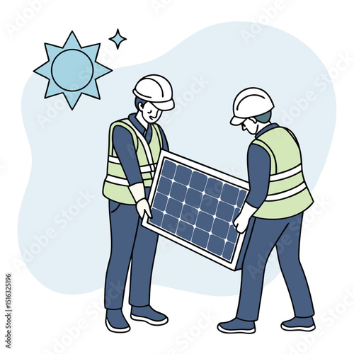 Two technicians install solar panel illustrating renewable energy and green technology for environmental solutions