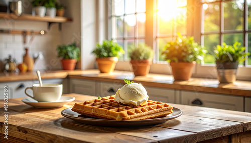Sweet homemade dessert, a delicious ice cream snack on a wooden table