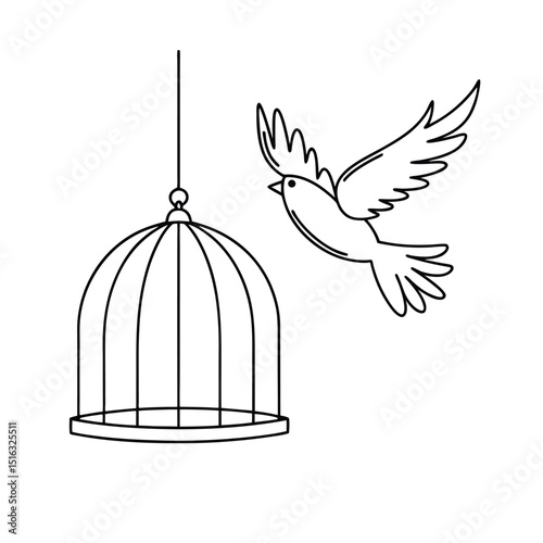 Bird escaping from an empty cage representing freedom peace and new beginnings with wings.