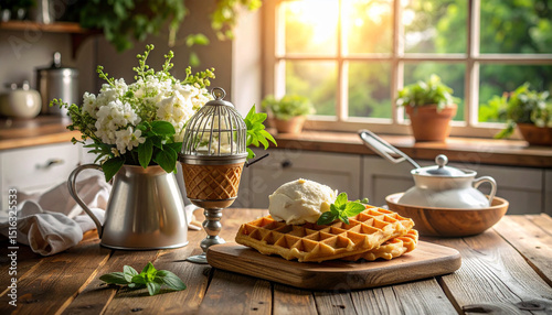 Sweet homemade dessert, a delicious ice cream snack on a wooden table