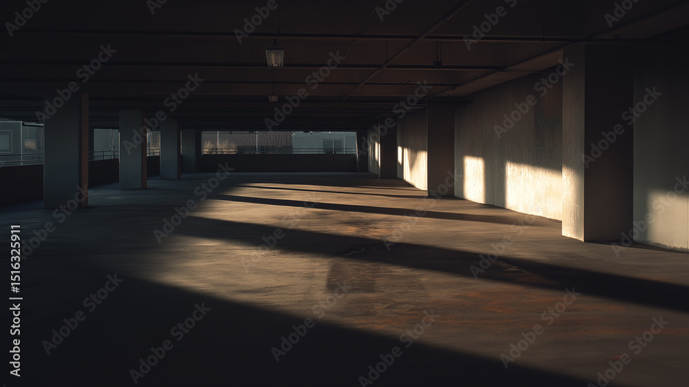 Dimly lit parking garage with flickering ceiling lights, wet floor reflecting shadows, urban tension theme, moody cinematic light Dimly lit parking garage with flickering ceiling lights, wet floor reflecting shadows, urban tension theme, moody cinematic light