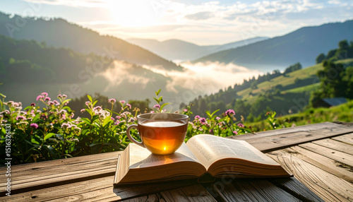 A warm morning coffee mug on a wooden table with a mountain landscape