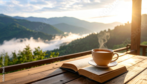 A warm morning coffee mug on a wooden table with a mountain landscape