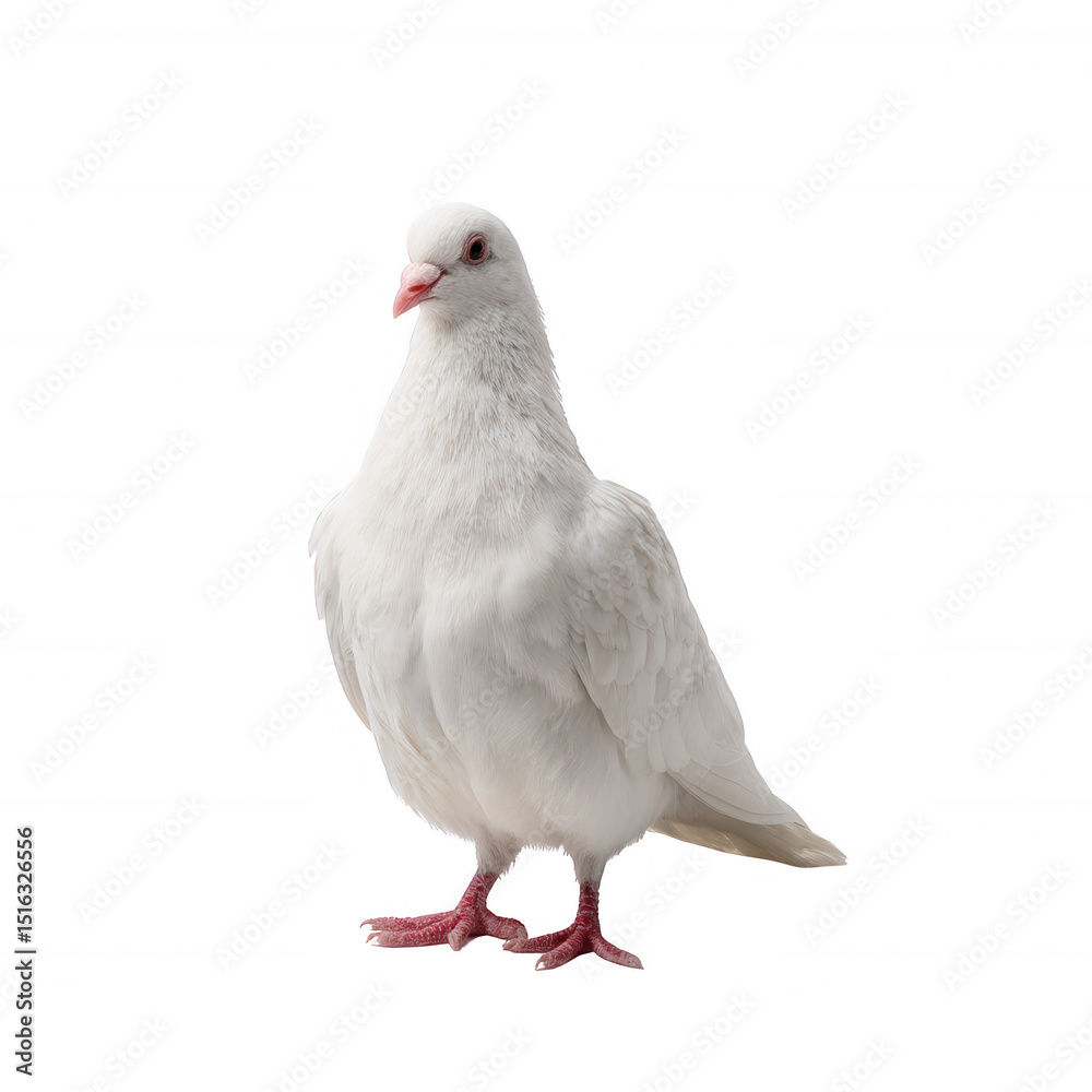 Naklejka premium A beautiful white pigeon standing gracefully on its feet, showcasing its delicate feathers and vibrant pink feet against a white isolated background.