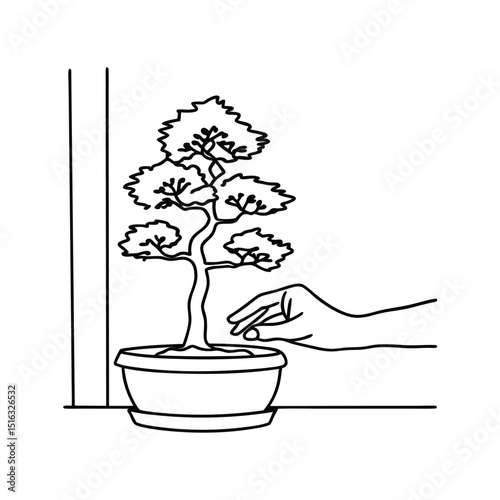 Minimalist line drawing depicting a hand tending to a bonsai tree in a pot