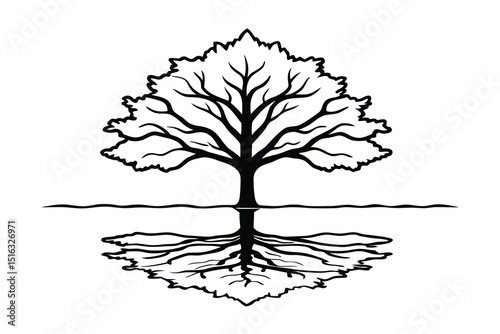 Elegant tree reflection vector illustration depicting roots branching below surface symbolism