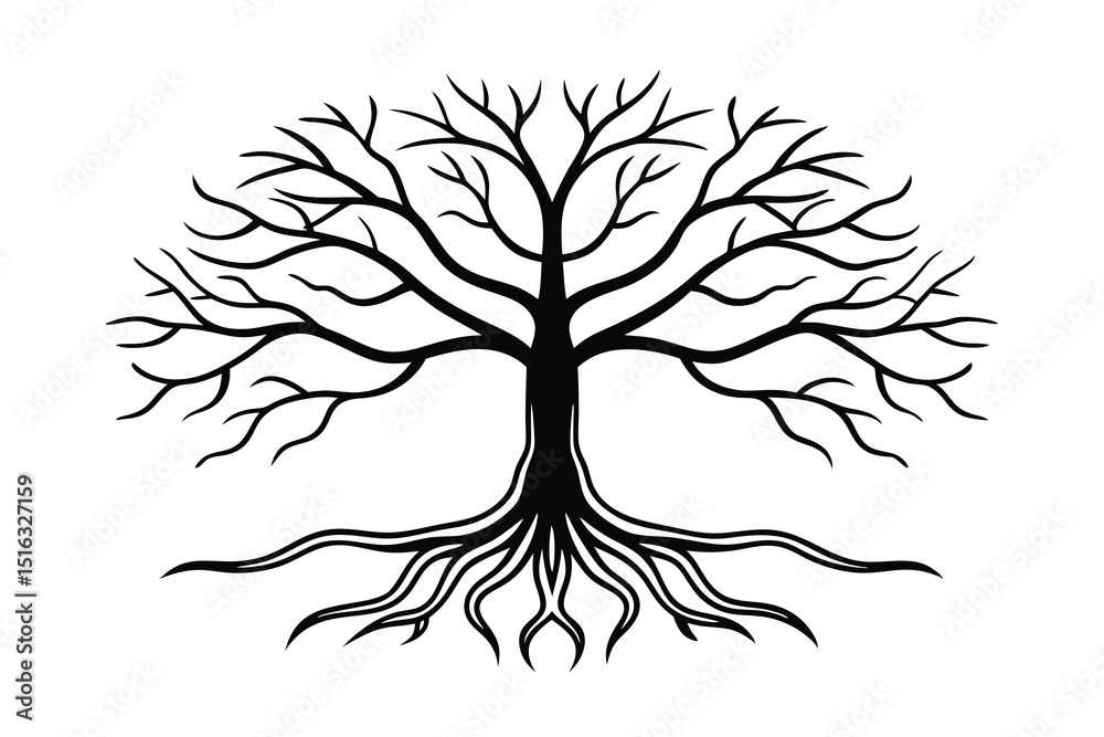 Obraz premium Simple black and white tree of life illustration showing branches and roots in a modern style