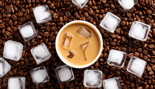 Close-up of dark roasted coffee beans beside a white cup of hot espresso, ready for a sweet breakfast drink