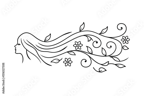 Elegant female profile with flowing hair and floral vines black and white illustration