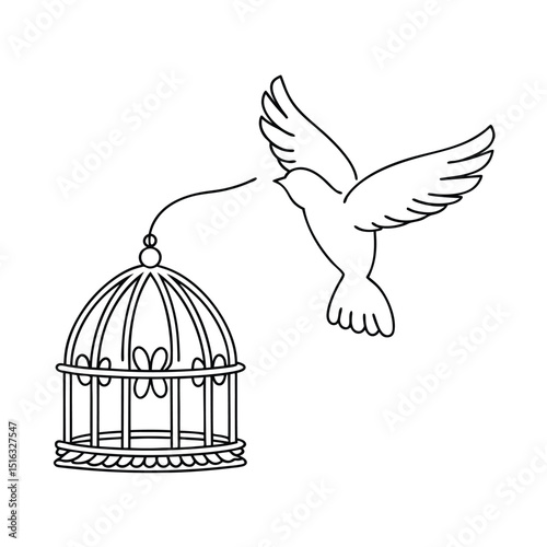 Bird flies out of the cage concept representing freedom and liberation simple line drawing