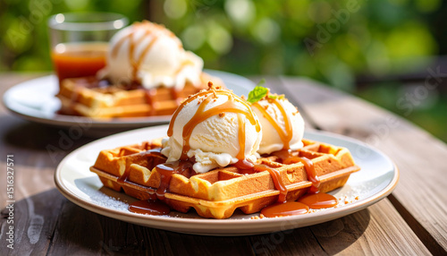 Delicious vanilla ice cream with chocolate on a fresh waffle, a sweet gourmet dessert or breakfast snack