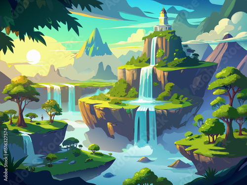 vector of Enchanted island with magnificent waterfalls and lush green landscape surrounded by ethereal mist and radiant light at dawn.