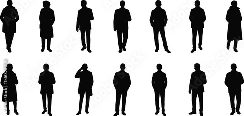 Silhouettes of Men in Formal and Casual Outerwear Walking and Standing