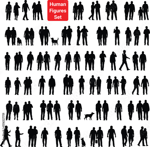 Black silhouette illustrations of various human figures walking and interacting in diverse groups