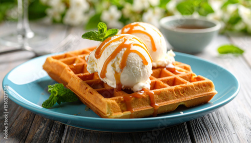 Delicious vanilla ice cream with chocolate on a fresh waffle, a sweet gourmet dessert or breakfast snack