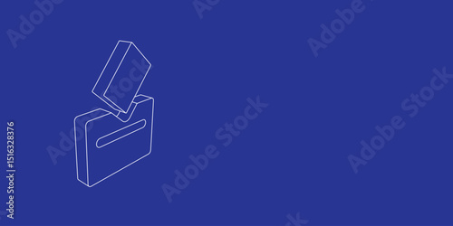 The outline of a large vote symbol made of white lines on the left. 3D view of the object in perspective. Vector illustration on indigo background