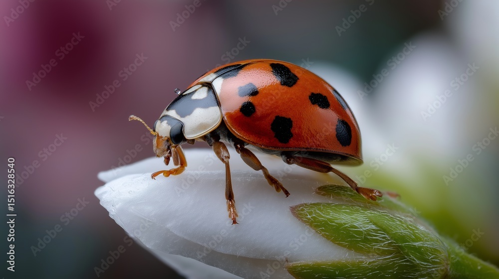 Fototapeta premium Detailed macro ladybug crawling across white flower in golden hour. AI generated