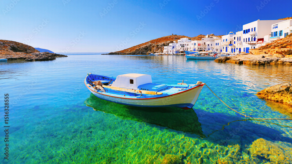 Obraz premium A small traditional boat floats gently on the crystal-clear turquoise sea near whitewashed coastal houses under a bright blue sky on a peaceful sunny day.
